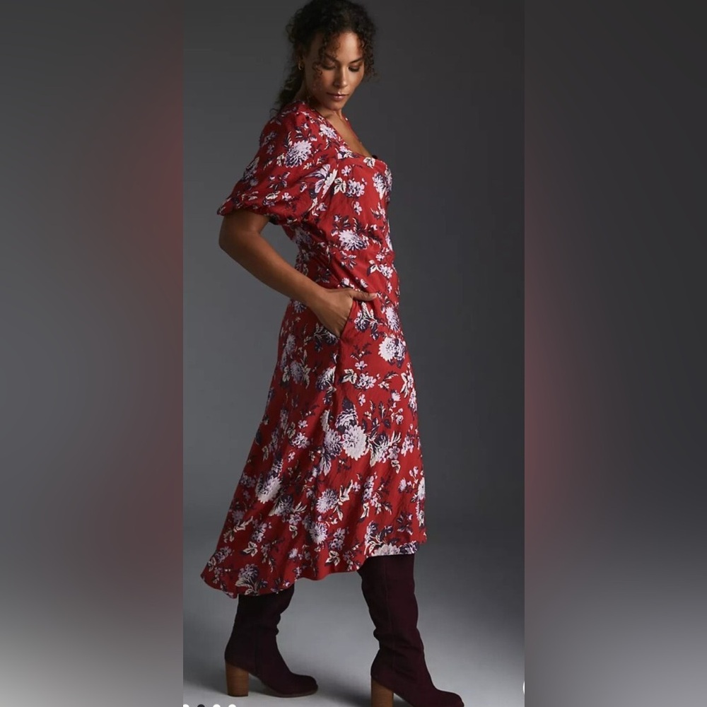 Maeve by Anthropologie Red Floral Puff Sleeve Hi Lo Dress Size 10